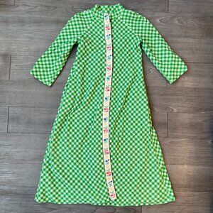 Vintage 60s Green Gingham Scandinavian Edelweiss Trim House Coat Size S